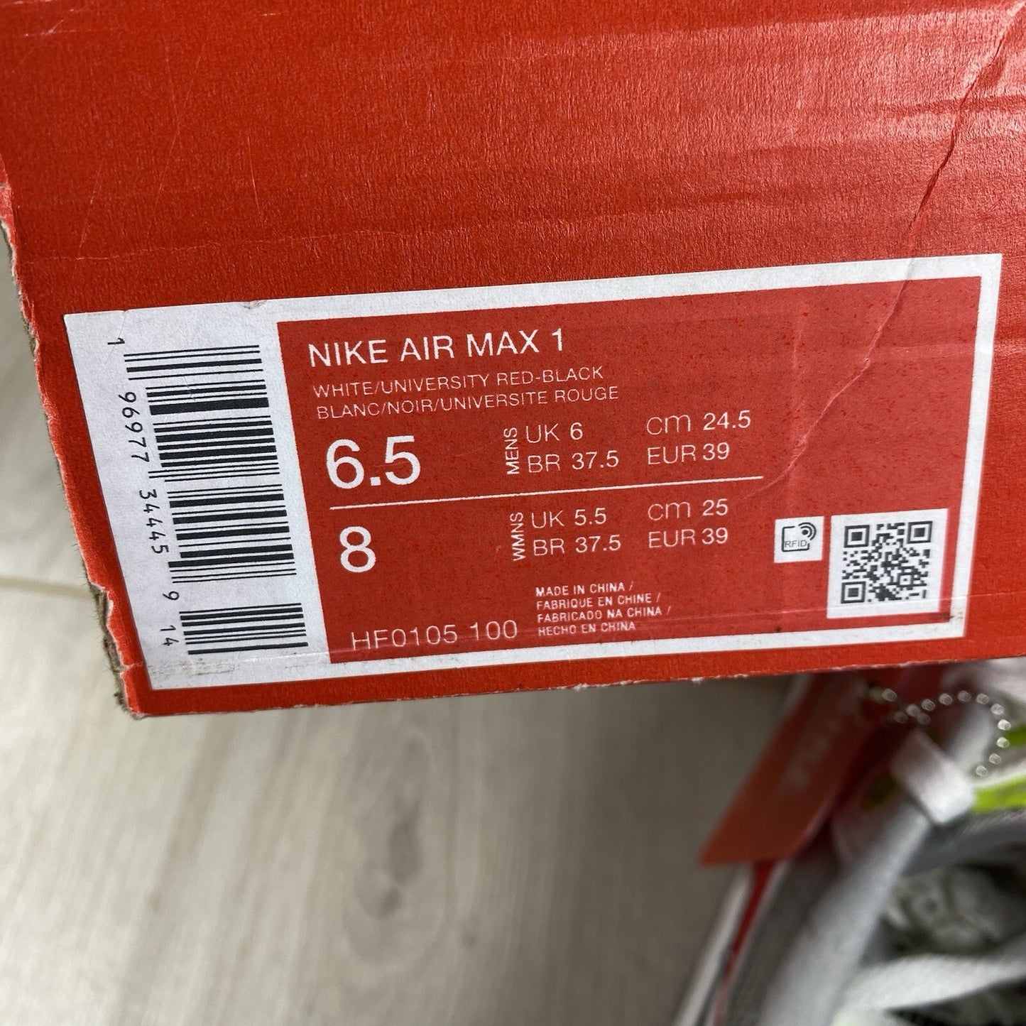 Nike Air Max 1 Trainers Chili Volt Red White Size UK6 US6.5 EU39 HF0105-100