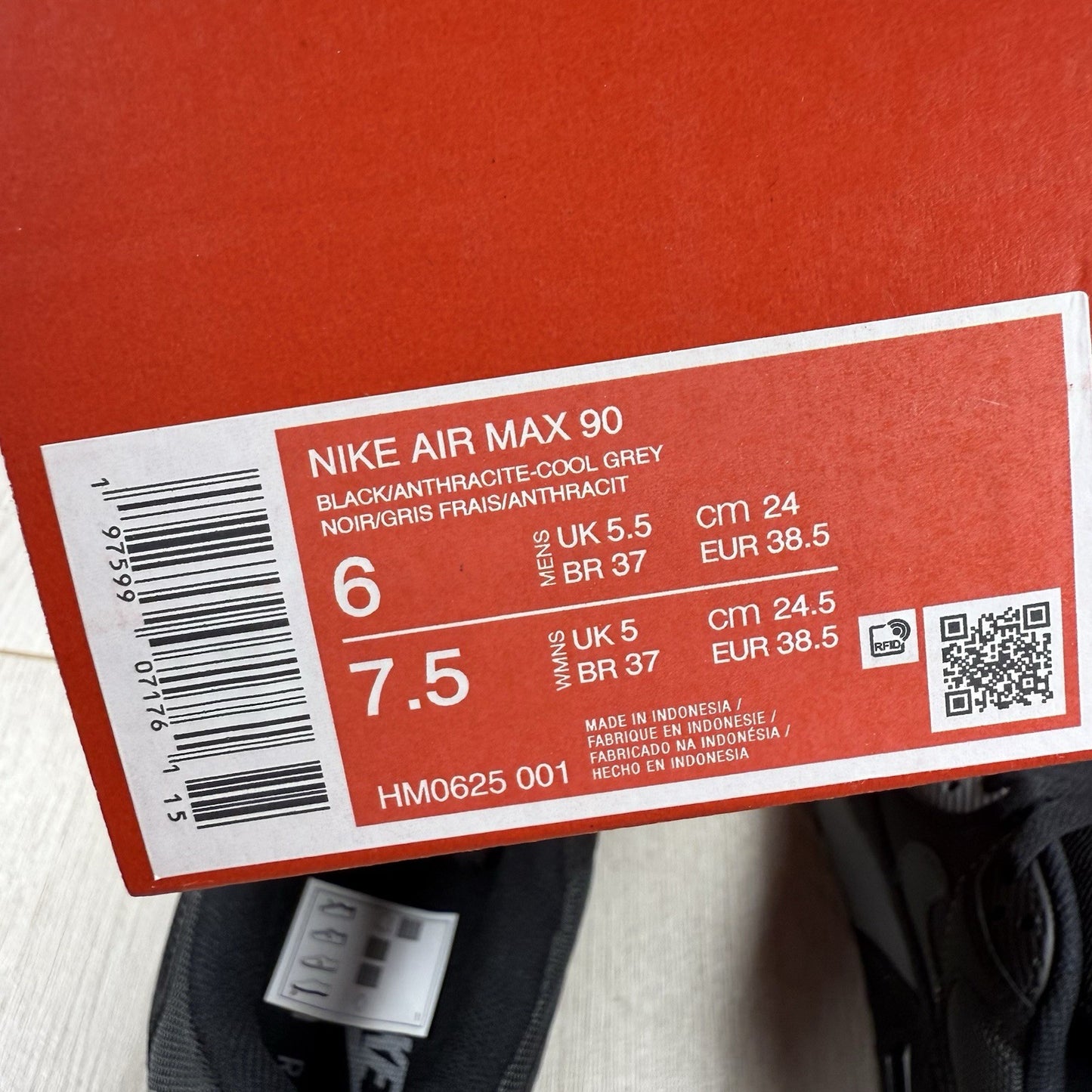Nike Air Max 90 Trainers Black Anthracite Grey Size UK5.5 US6 EU38.5 HM0625-001