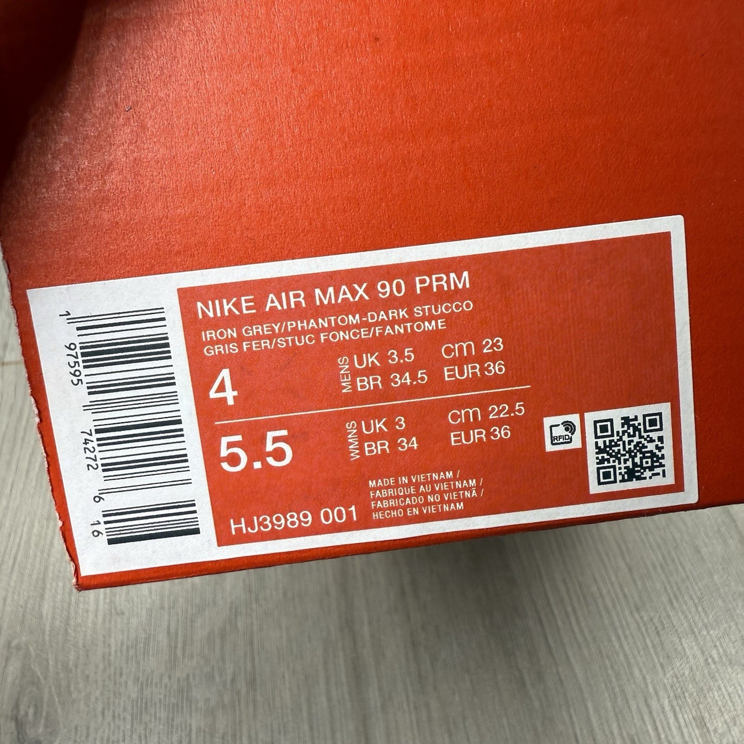 Nike Air Max 90 Trainers Premium Iron Grey Size UK3.5 US4 EU36 HJ3989-001