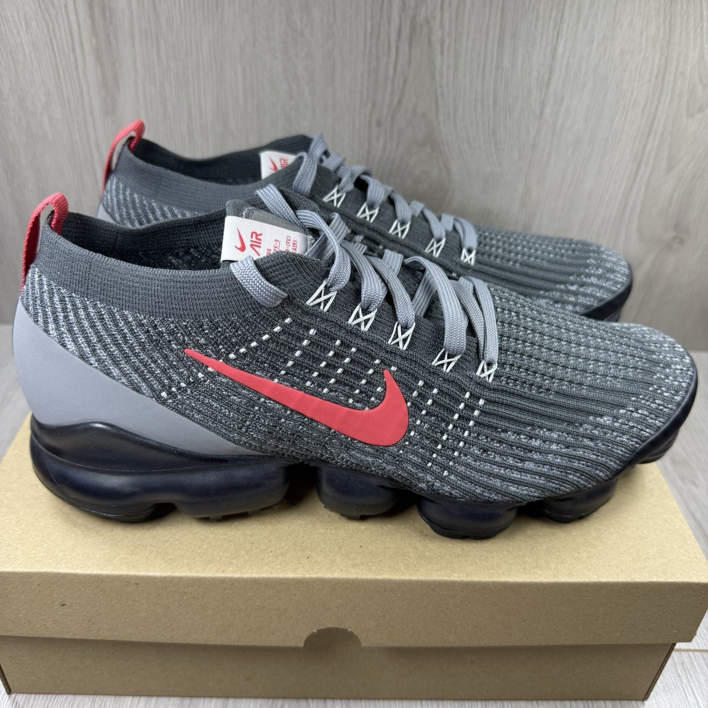 Nike Air VaporMax Flyknit 3 Trainers Grey Red UK10.5 US11.5 EU45.5 CT1270-001
