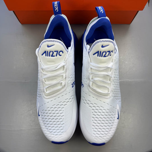 Nike Air Max 270 white trainers with racer blue accents and logo detail.