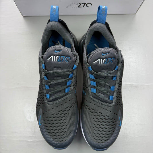 Nike Air Max 270 grey sneakers with anthracite and industrial blue accents.