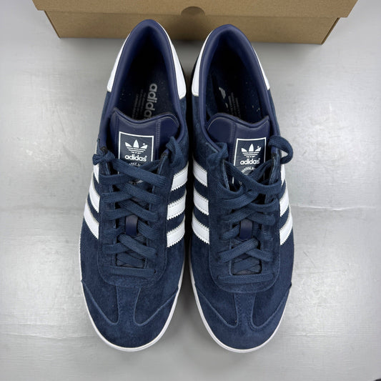 Adidas athletic shoes white suede with iconic three stripes logo and classic design.