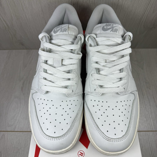 Nike Air Jordan 1 Low 85 grey trainers with white accents and iconic swoosh logo.