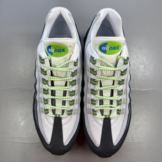 Nike Air Max 95 green trainers with big bubble design and blue accents.