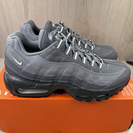 Nike Air Max 95 trainers grey with black accents and textured material.
