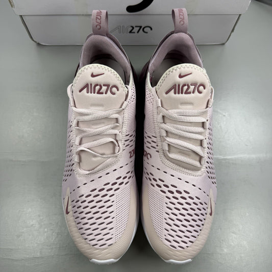 Nike Air Max 270 pink trainers with vintage wine accents and white sole.