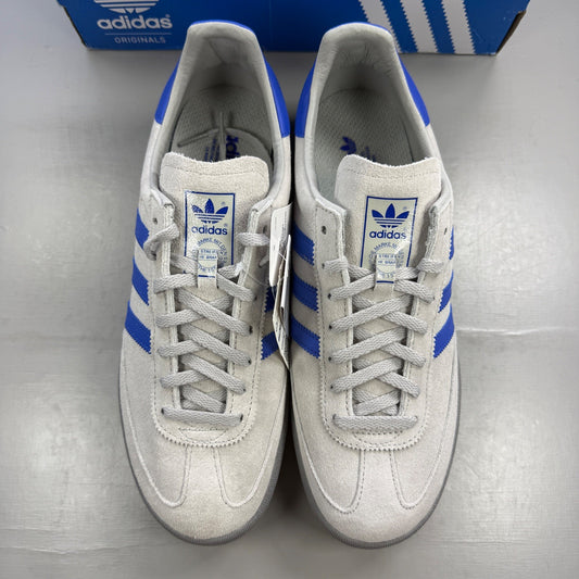 Adidas grey deck shoes with suede material and logo detail.