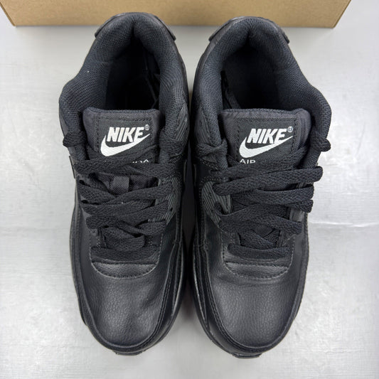 Nike black athletic shoes leather with Air Max logo and triple black design.