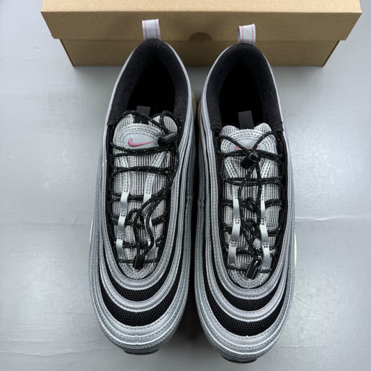 Nike Air Max 97 metallic silver trainers with berry accents and signature swoosh logo.