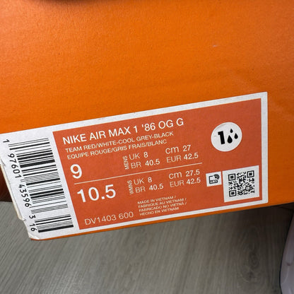 Nike Air Max 1 ‘86 Trainers Team Red Grey White Size UK8 US9 EU42.5 DV1403-600