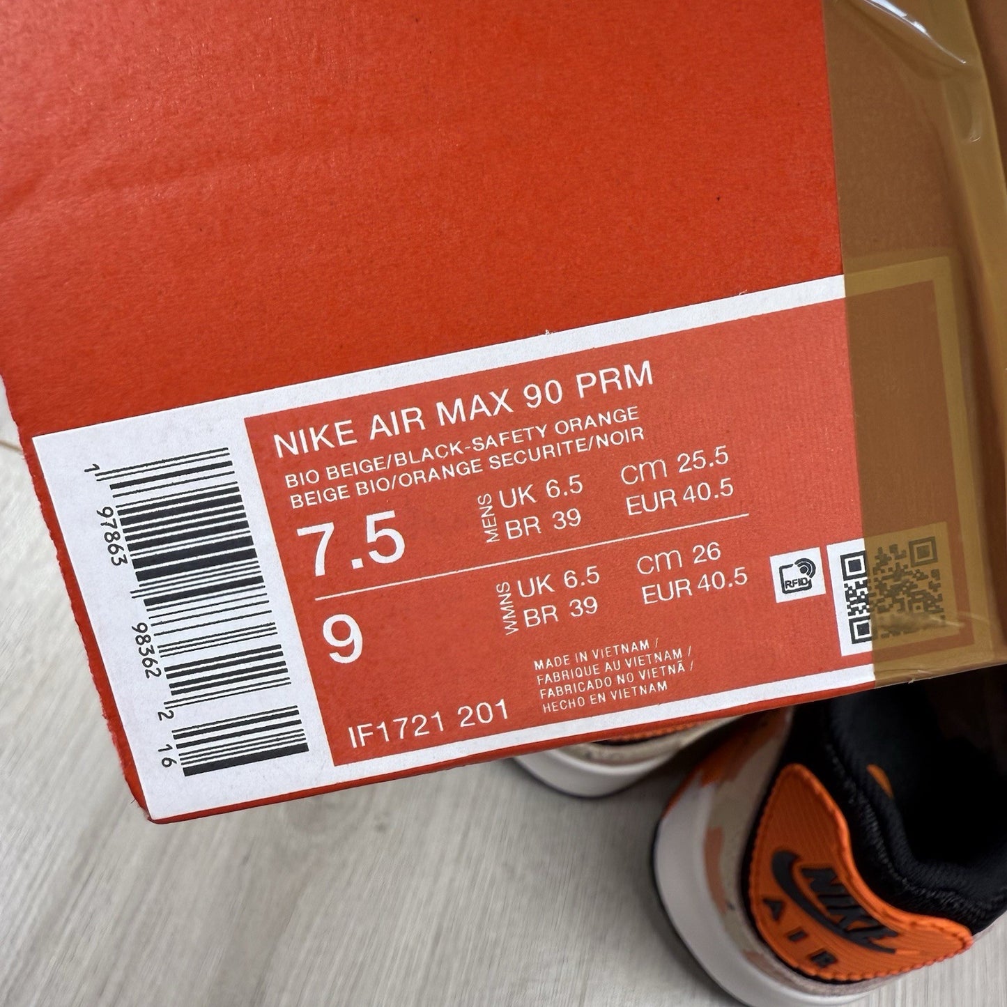 Nike Air Max 90 Trainers Bio Beige Safety Orange UK6.5 US7.5 EU40.5 IF1721-201