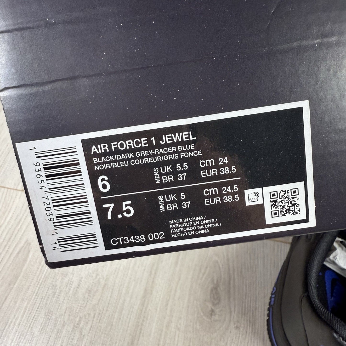 Nike Air Force 1 Jewel Trainers Black Grey Blue Size UK5.5 US6 EU38.5 CT3438-002