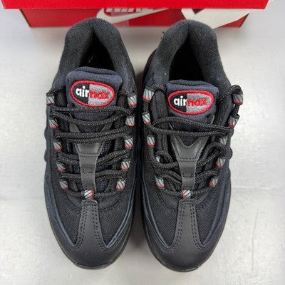 Nike Air Max 95 black red trainers with signature logo and mesh detailing.