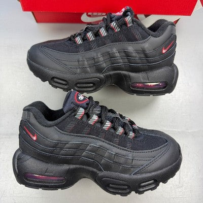 Nike Air Max 95 black red trainers with signature logo and mesh detailing.