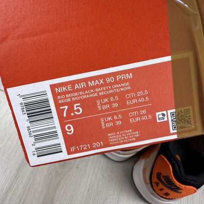 Nike Air Max 90 Trainers Bio Beige Safety Orange UK6.5 US7.5 EU40.5 IF1721-201