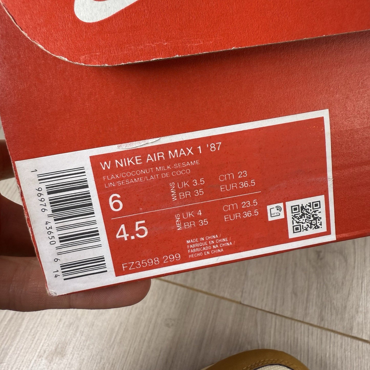 Nike Air Max 1 ‘87 Trainers Wheat Flax Size UK3.5 US6 EU36.5 FZ3598-299
