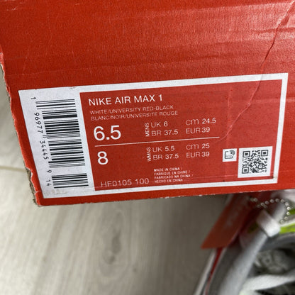 Nike Air Max 1 Trainers Chili Volt Red White Size UK6 US6.5 EU39  HF0105-100