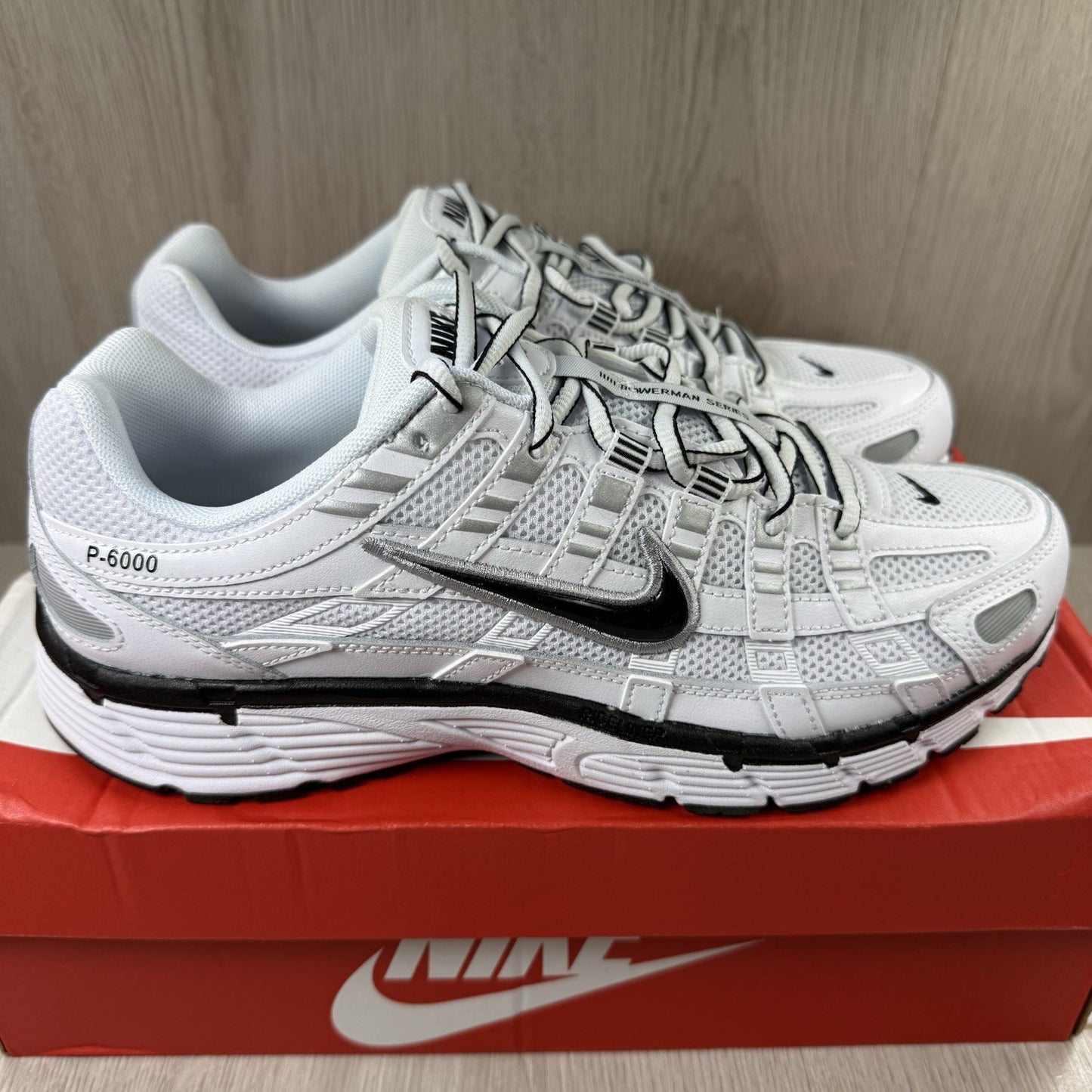 Nike P-6000 White Metallic Silver Black Trainers Size UK7.5 US8.5 CD6404-107