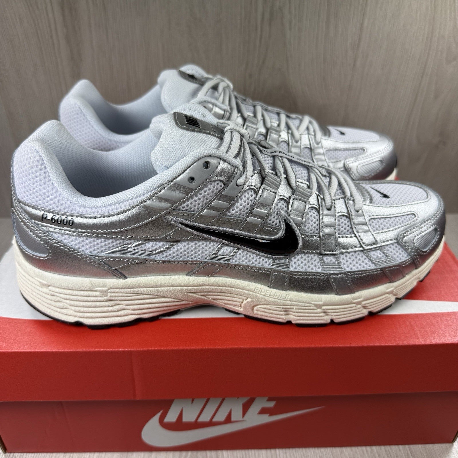 Nike P-6000 Trainers White Metallic Silver Black Size UK7 CD6404-1059