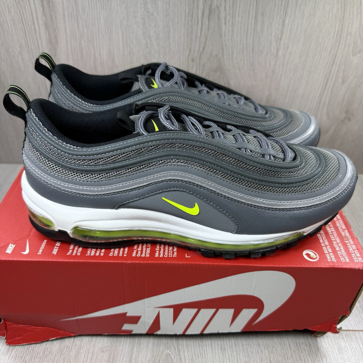 Nike Air Max 97 Trainers Smoke Grey Volt White Size UK9 DJ6885-0019