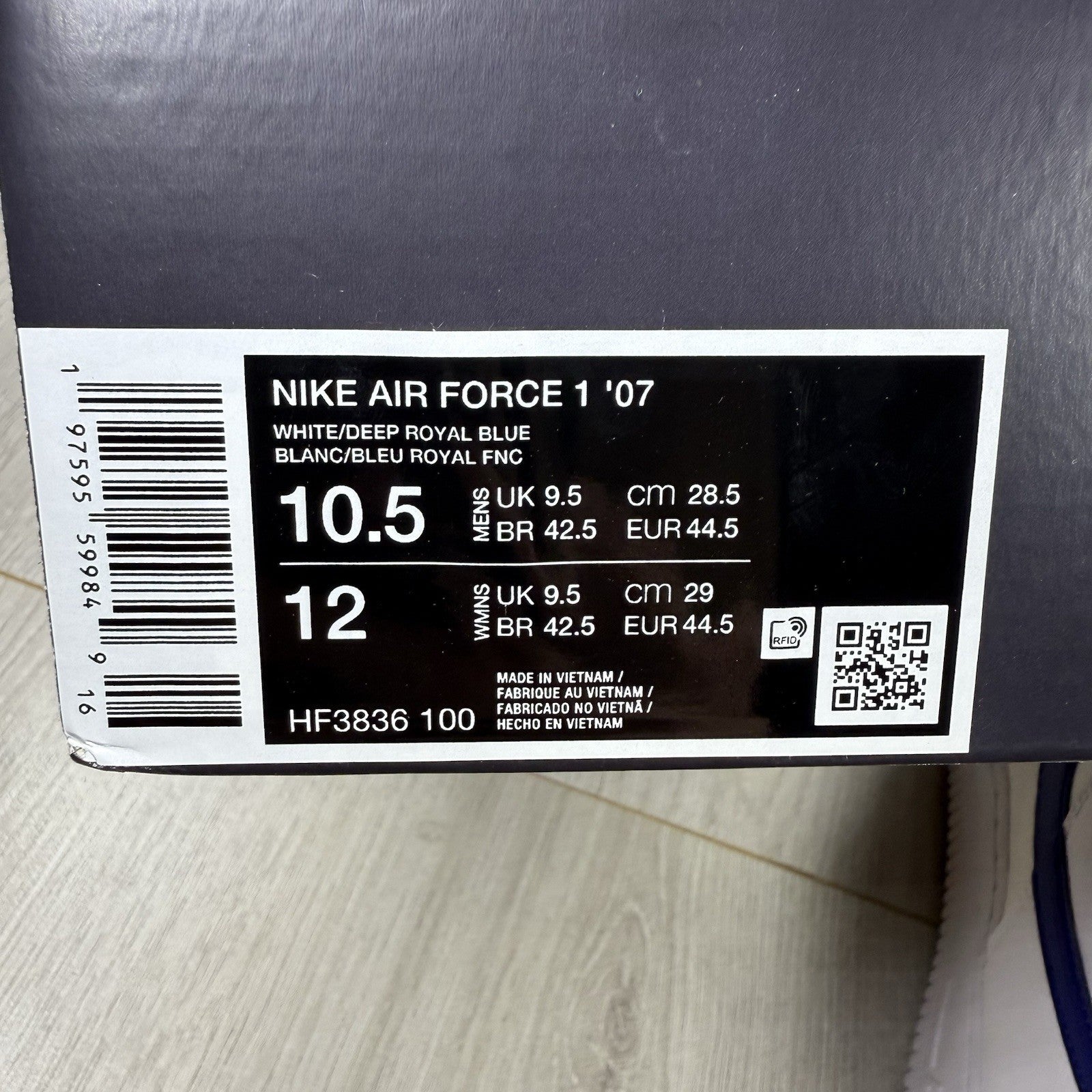 Nike Air Force 1 Low Trainers White Royal Blue UK9.5 HF3836-10013