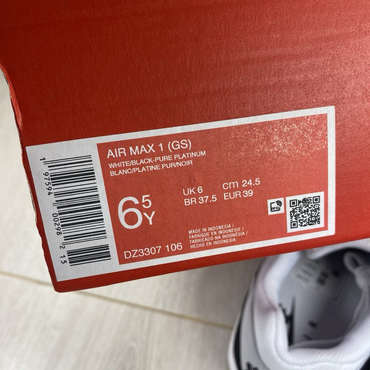 Nike Air Max 1 Trainers White Black Size UK6 DZ3307-1065