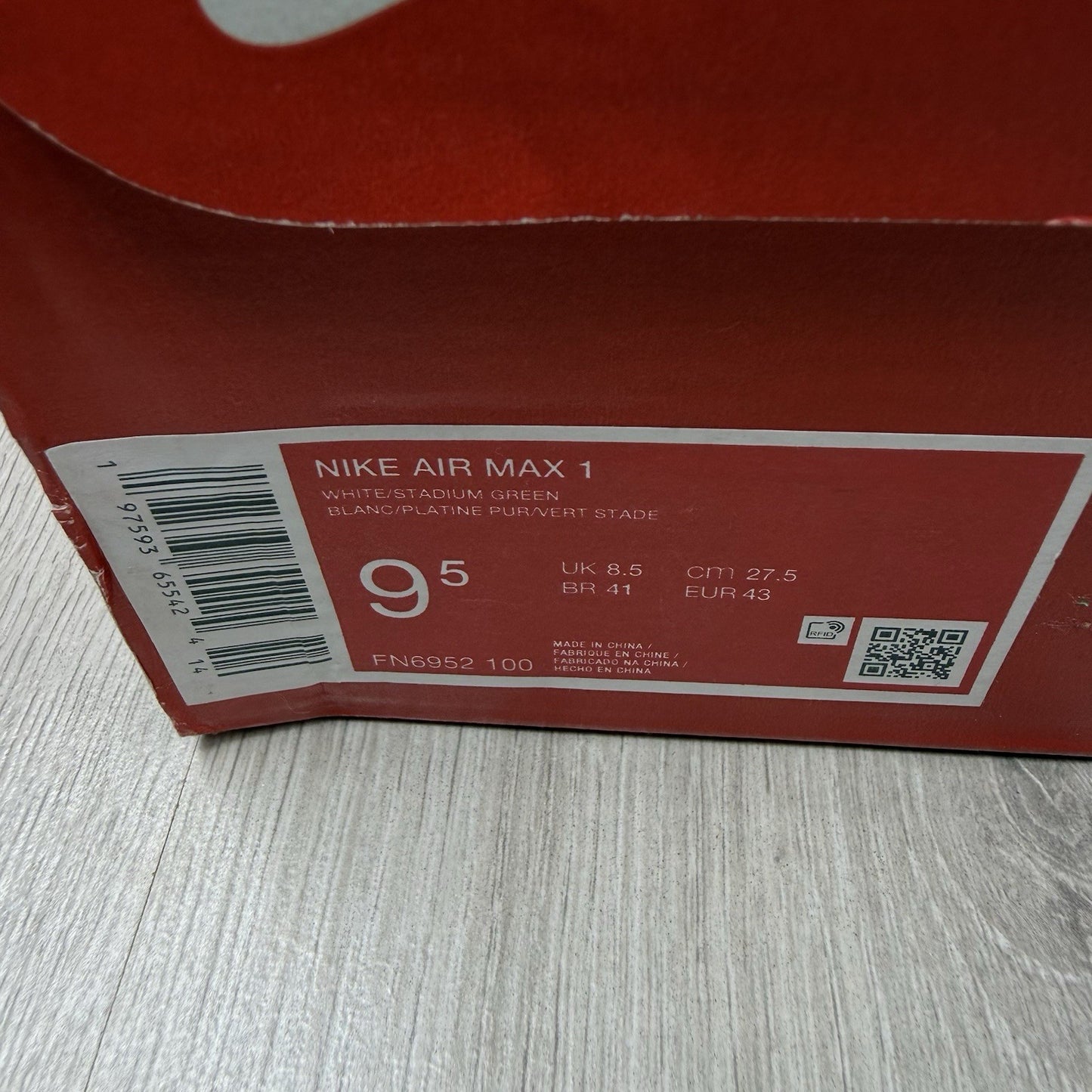 Nike Air Max 1 Trainers White Black Stadium Green Size UK8.5 FN6952-1004