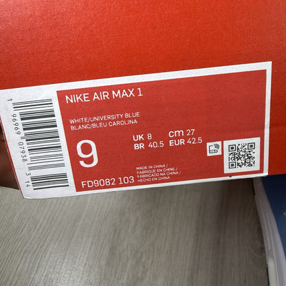 Nike Air Max 1 Trainers White University Blue Size UK8 FD9082-1037