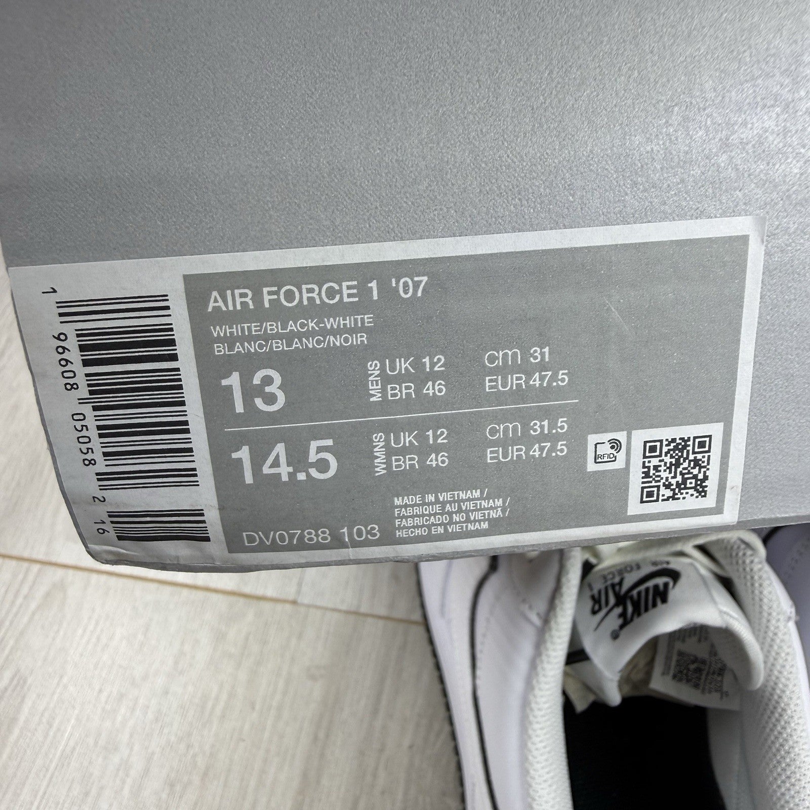 Nike Air Force 1 Low Trainers Outline Swoosh White Black Size UK12 DV0788 1037