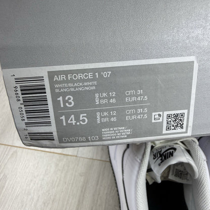 Nike Air Force 1 Low Trainers Outline Swoosh White Black Size UK12 DV0788 10314