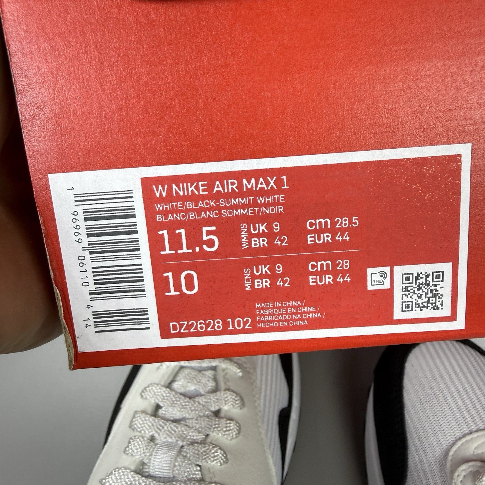 Nike Air Max 1 Trainers Summit White Black Grey Size UK9 DZ2628-1026