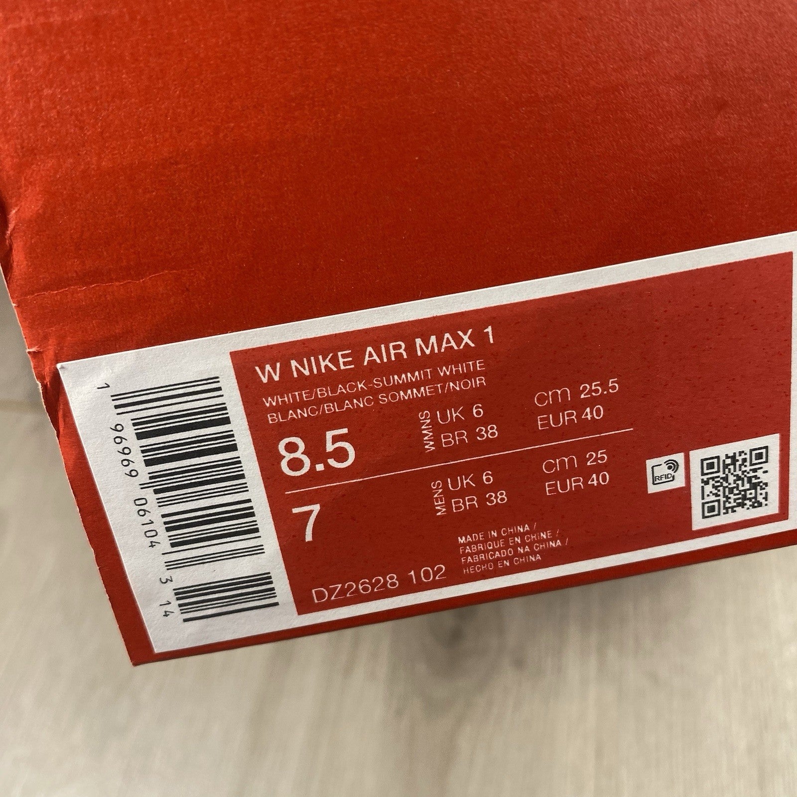 Nike Air Max 1 Trainers White Black Neutral Grey Size UK6 DZ2628-1026