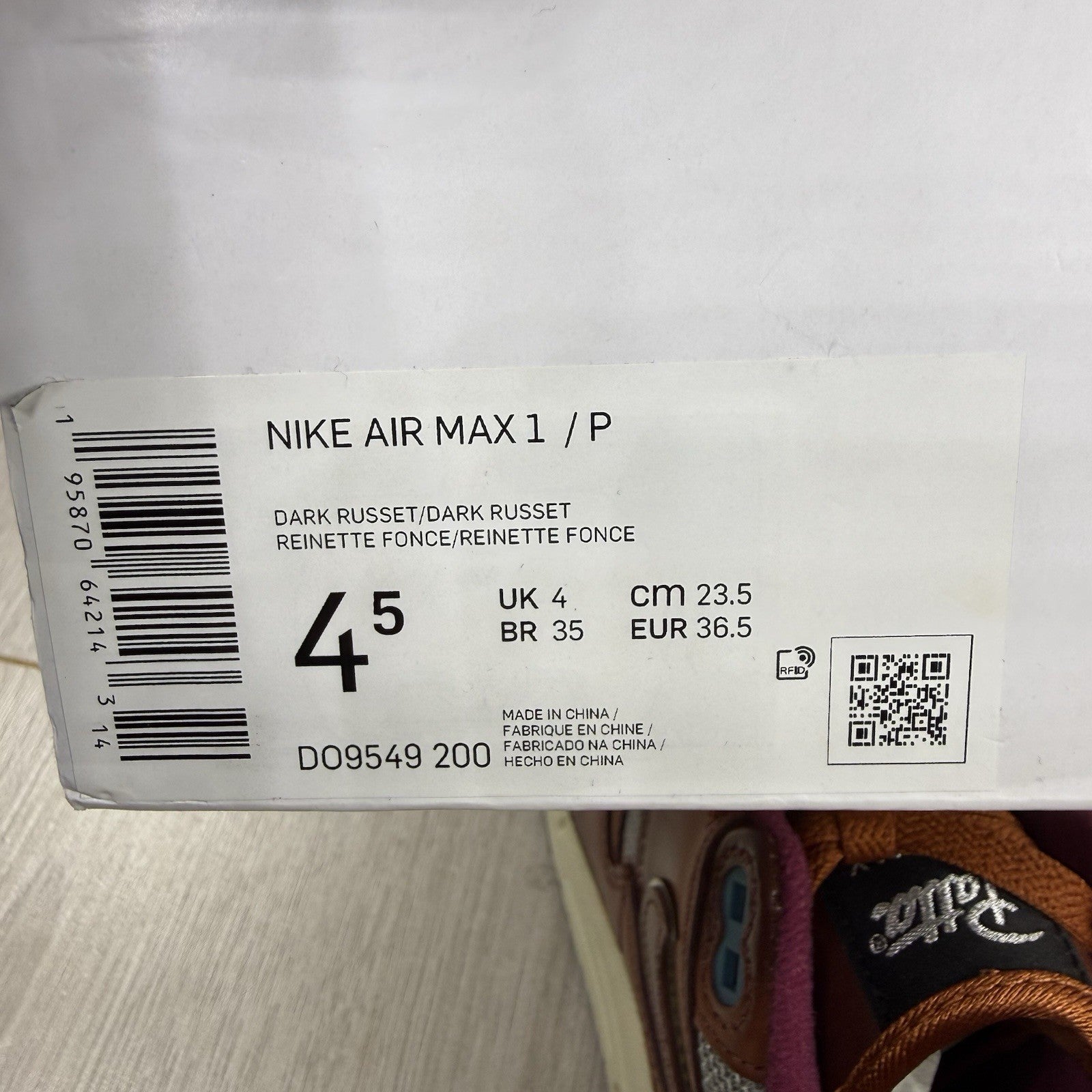 Patta x Nike Air Max 1 Dark Russet Trainers Size UK4 D09549 2007