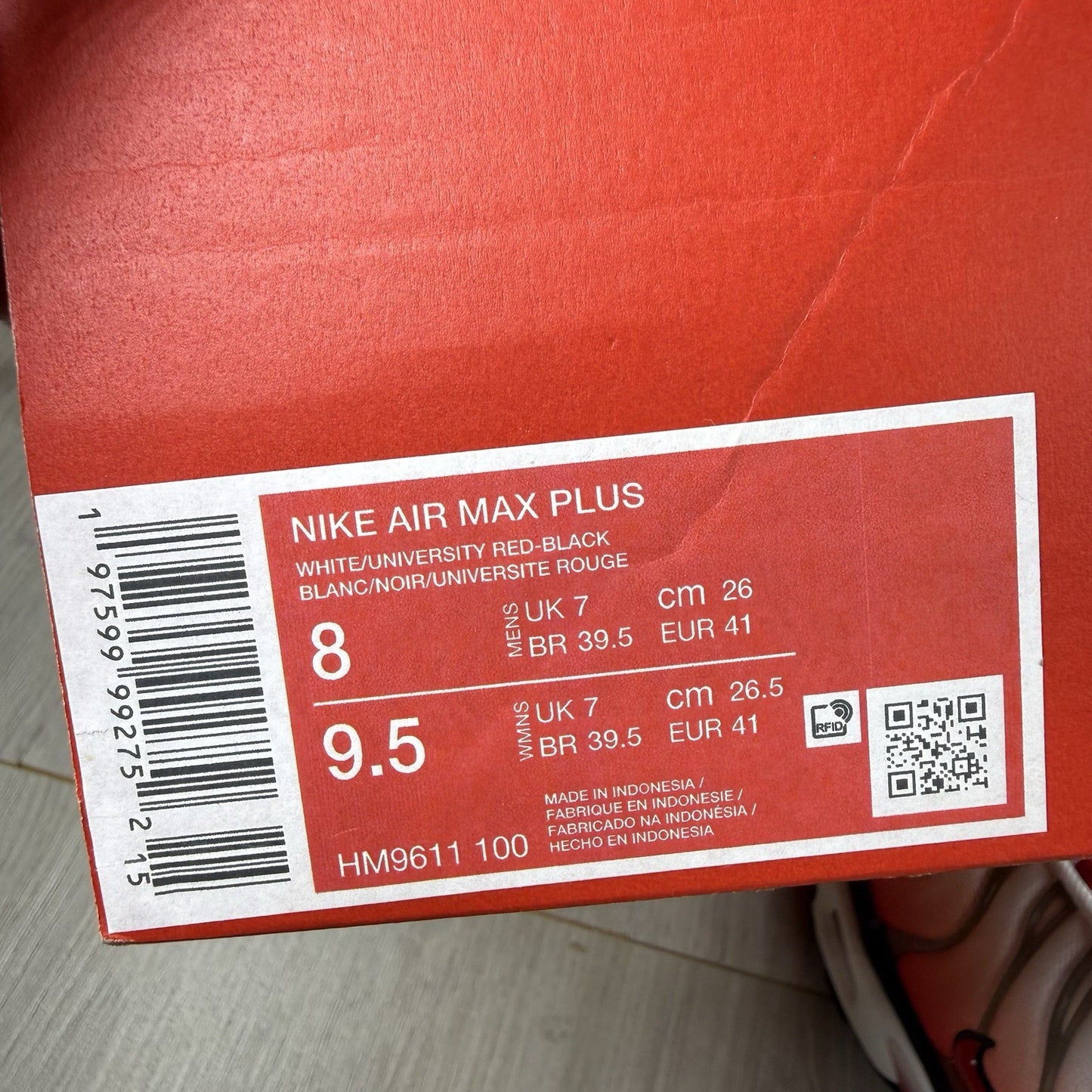 Nike Air Max Plus TN Trainers White University Red Size UK7 HM9611-1007