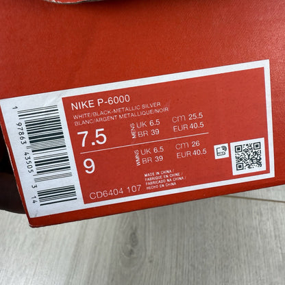 Nike P-6000 Trainers White Metallic Silver Black Size UK6.5 CD6404-10710