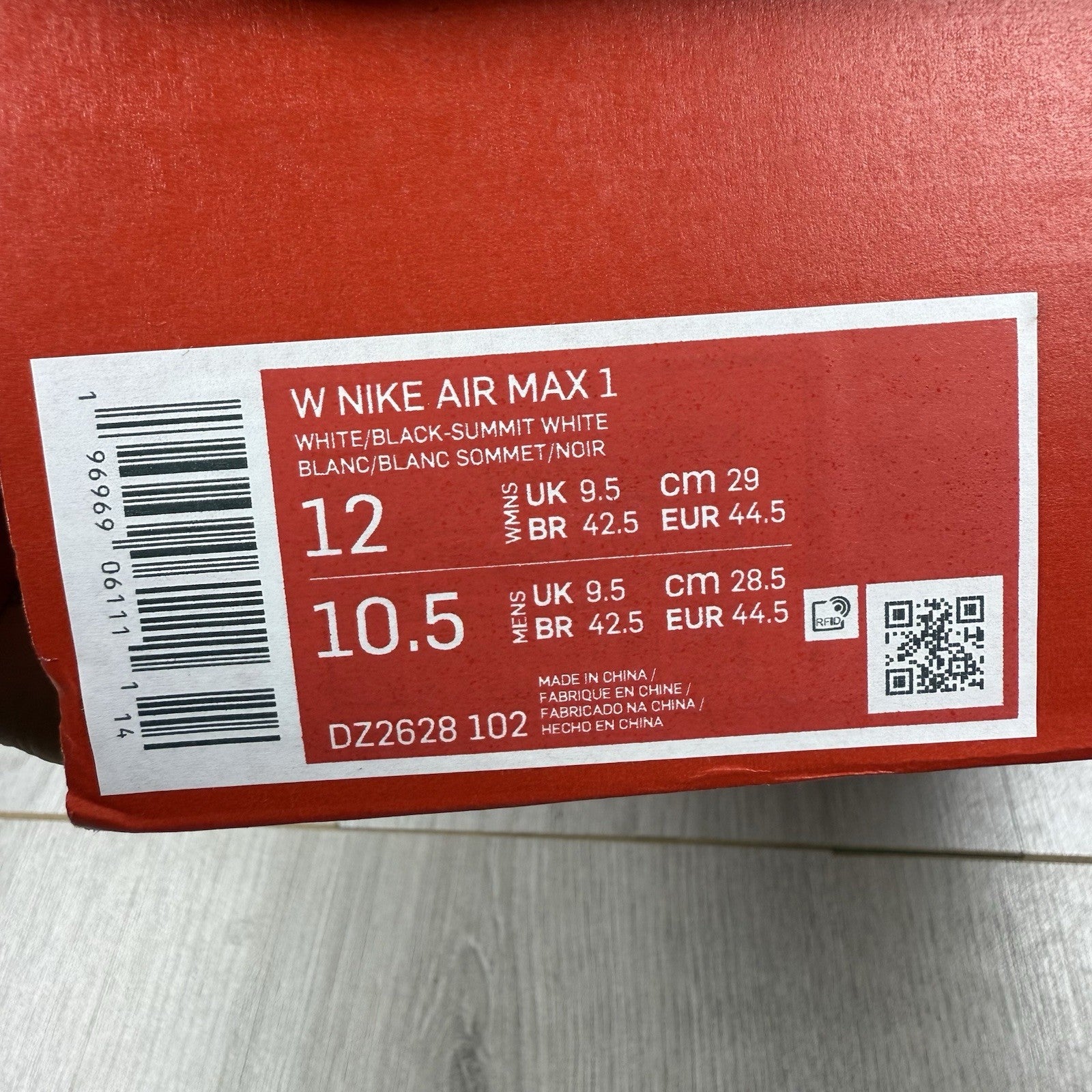 Nike Air Max 1 Trainers White Black Grey Size UK9.5 DZ2628-1027