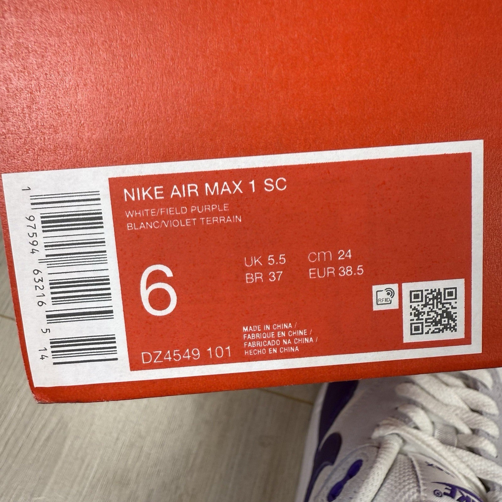 Nike Air Max 1 SC Trainers Field Purple White Size UK5.5 DZ4549-1017