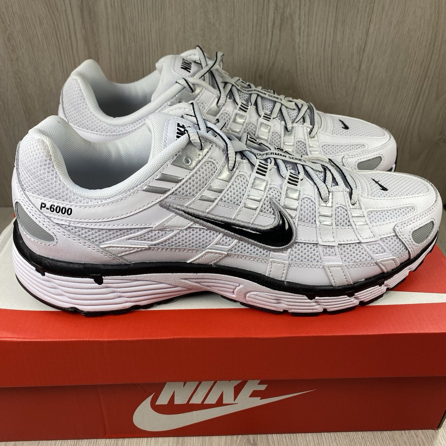 Nike P-6000 Trainers White Metallic Silver Black Size UK6.5 CD6404-1071