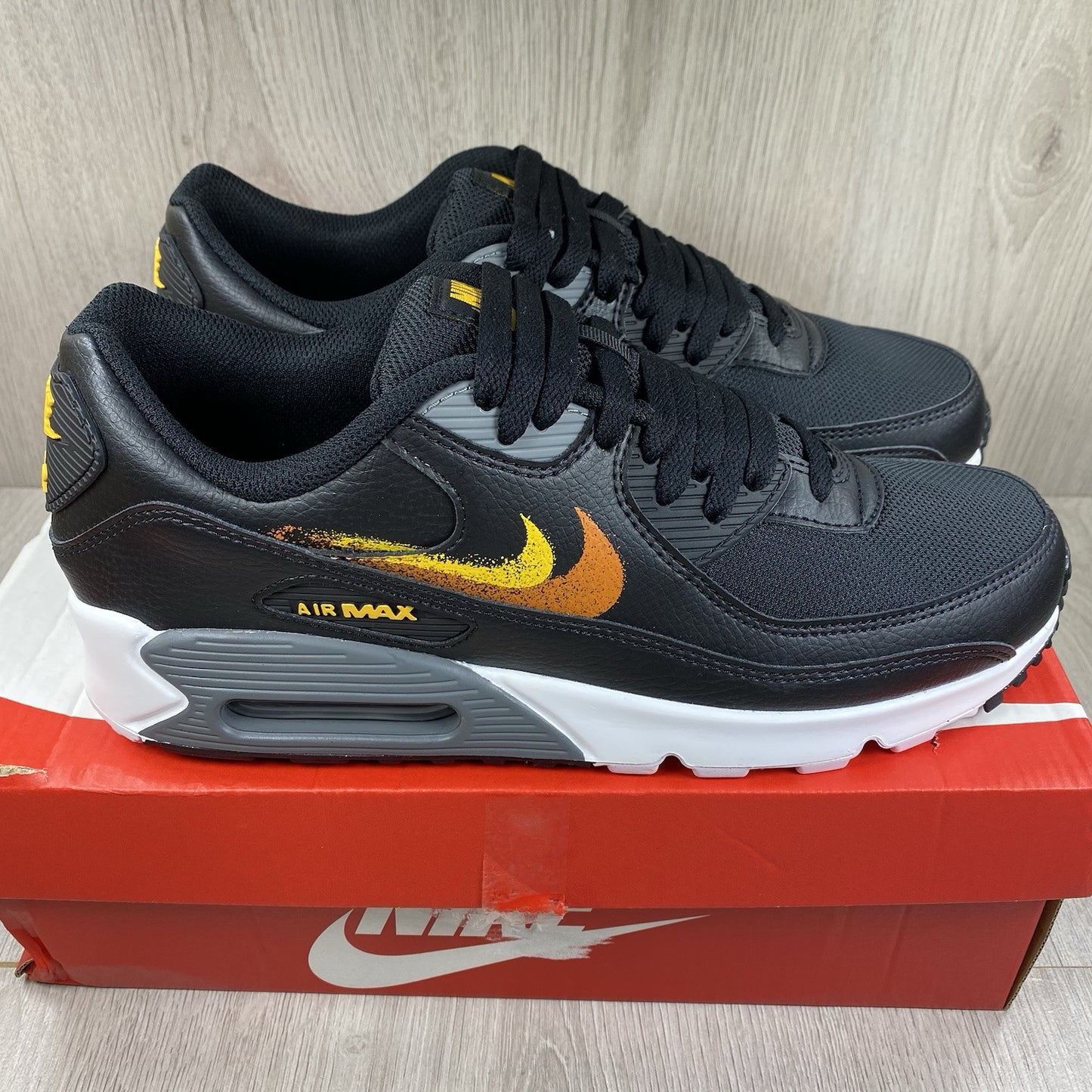 Nike Air Max 90 Trainers Spray Paint Swoosh Black Size UK9.5 US10.5 FJ4229-001