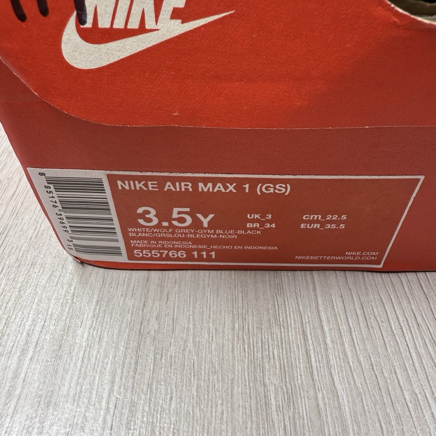 Nike Air Max 1 Trainers White Gym Blue Size UK3 US3.5 EU35.5 555766-111