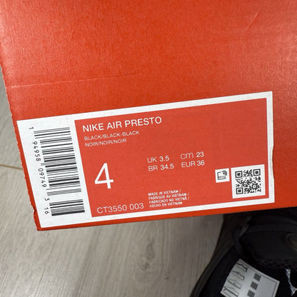 Nike Air Presto Trainers Triple Black Size UK3.5 US4 EU36 CT3550-003