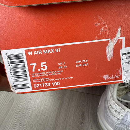 Nike Air Max 97 Trainers White Pure Platinum Size UK5 US7.5 EU38.5 921733-100