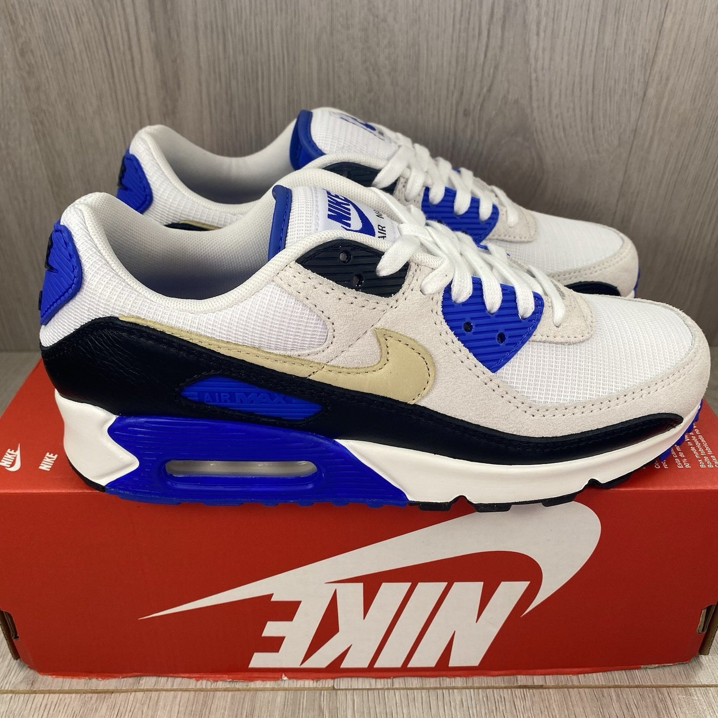 Nike Air Max 90 Trainers Khaki White Racer Blue UK6.5 US7.5 EU40.5 HF3449-100