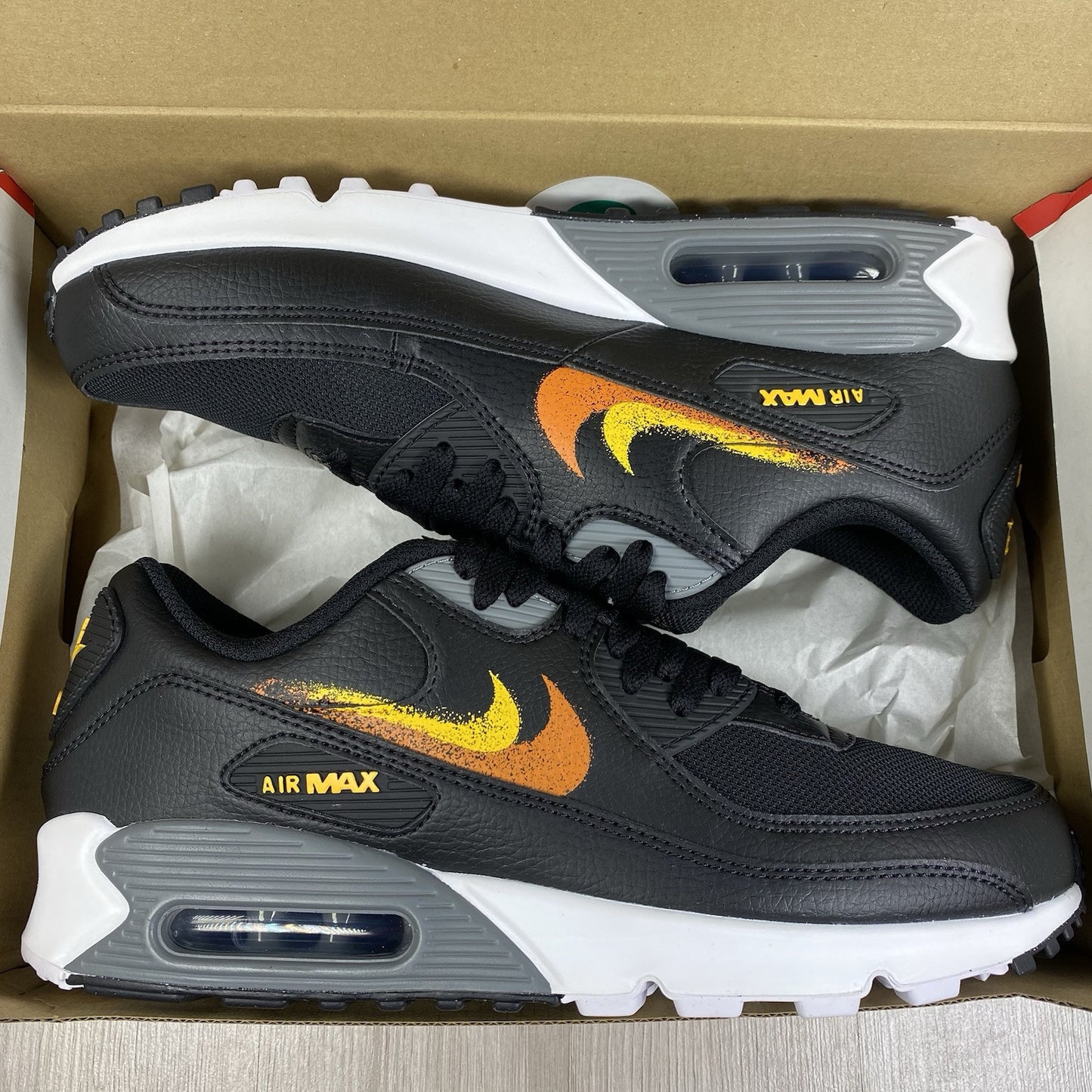 Nike Air Max 90 Trainers Spray Paint Swoosh Black Size UK9.5 US10.5 FJ4229-001