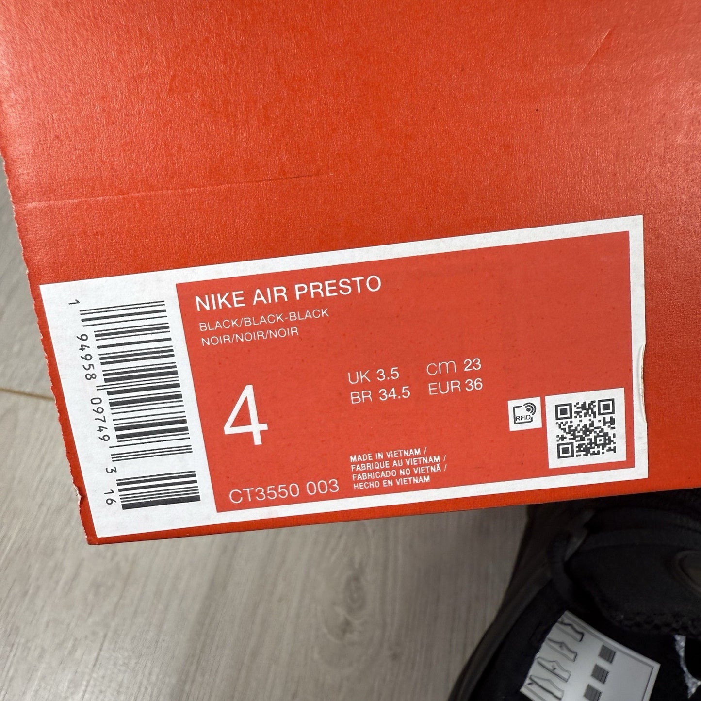 Nike Air Presto Trainers Triple Black Size UK3.5 US4 EU36 CT3550-003