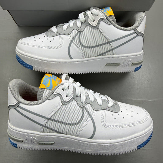 Nike Air Force 1 React white trainers with smoke grey accents and logo details.