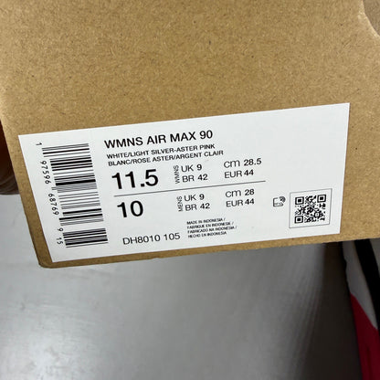 Nike Air Max 90 white trainers with aster pink and black accents, logo on tongue.