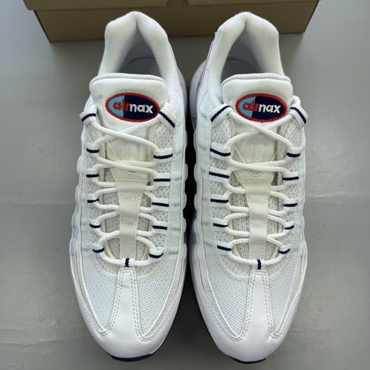 Nike Air Max 95 trainers white with blue and red accents, featuring iconic logo detailing.