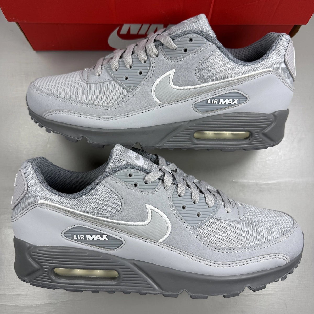 Nike Air Max 90 grey trainers with logo and mesh detailing, size UK 9.